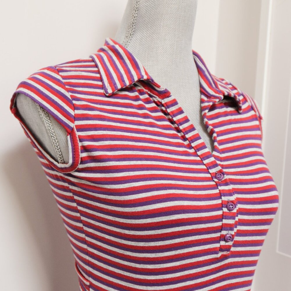 TALCO Red Purple Striped Capped Sleeve Tee Y2K - Picture 2 of 5